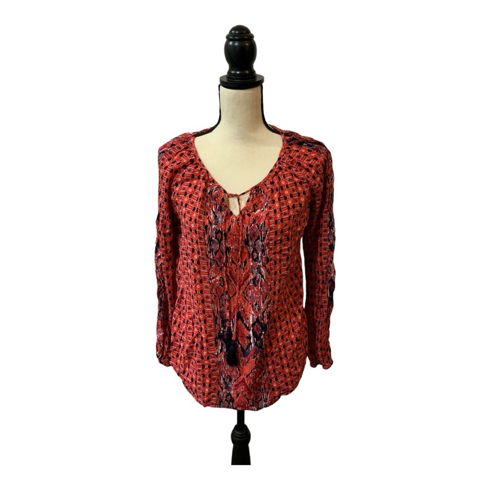 Faded Glory Retro Peasant Top Blouse - Large - Tie Closure - Red & Black